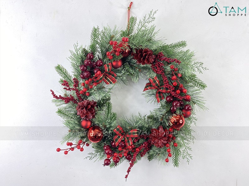 Vòng nguyệt quế 4 loại lá nơ caro đỏ ĐK 55 - 60cm VNGQ-X-42